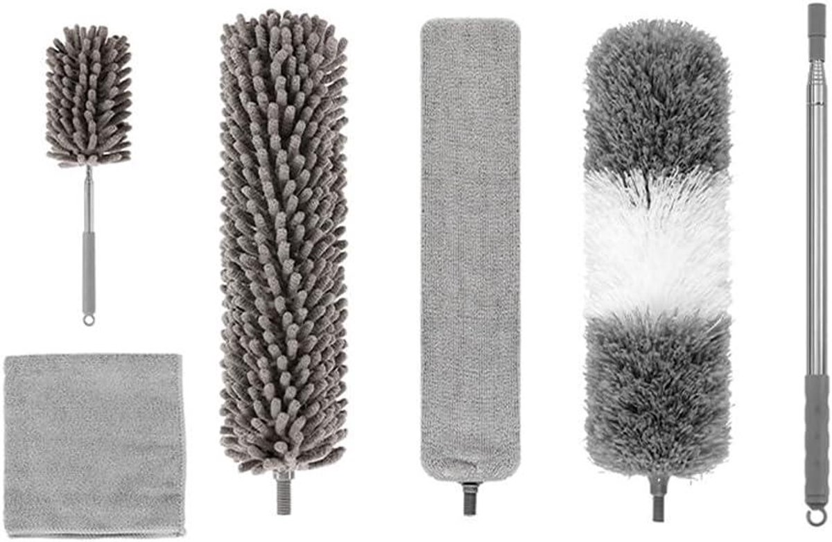 Telescoop stofdoek - Wasbaar plumeau - Hoge oppervlakken reinigen - Uittrekbaar tot 2.4 meter - 6-delig - Grijs