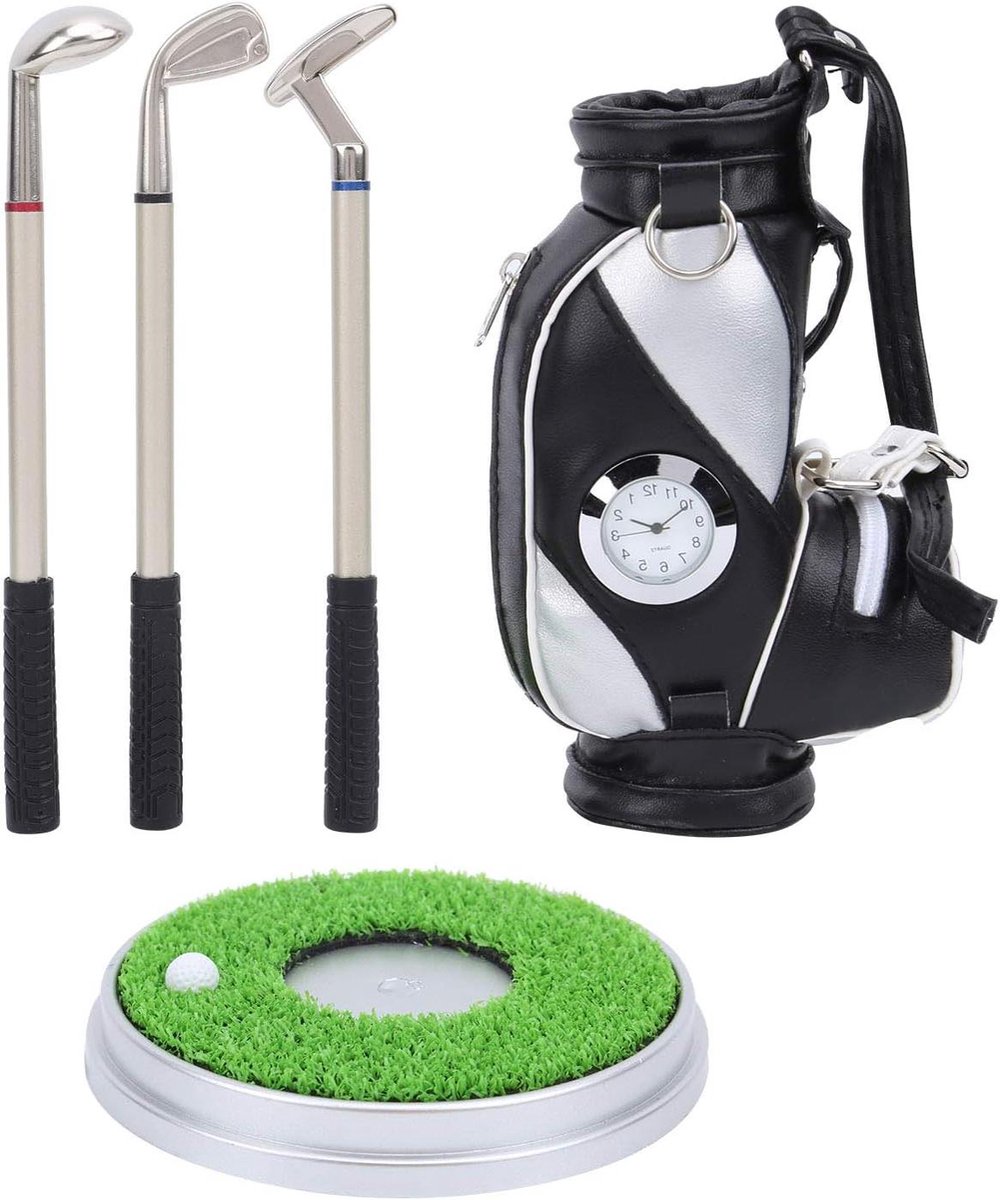 Mini golftas - Golf set - Kantoor decoratie - Met horloge - 20 x 12 x 8 cm - Zwart zilver