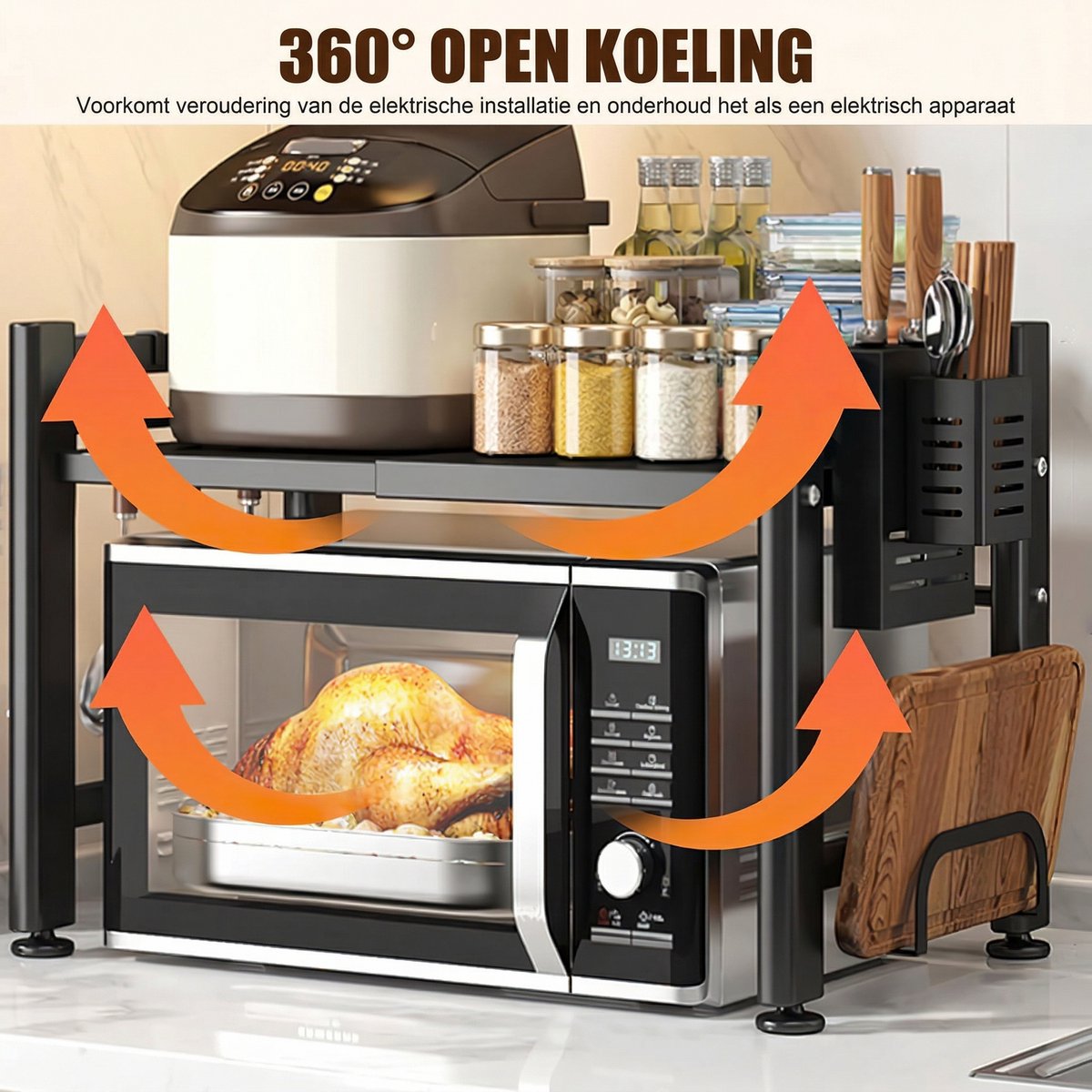 Uitschuifbaar Magnetron Rek – Koolstofstaal Keuken Organizer – Enkele Laag Opbergrek – Zwart — afbeelding 4