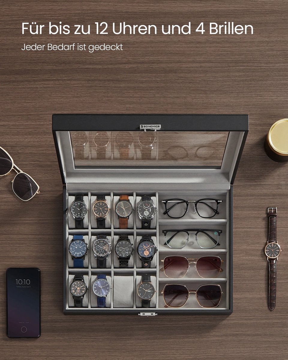 Calivari Luxe Horlogedoos 16 Vakken – Horloge Organizer met Glazen Deksel – Zwart/Grijs