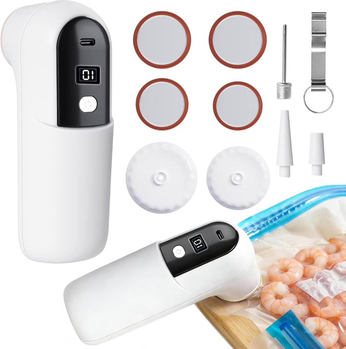 Multifunctionele 6-in-1 Mini Handstofzuiger voor Inpakken van Blikken, met 4 Deksel en 3 Mondstukken, Snelle Inflator en Deflator voor Glazen, Vacuümzakken en Luchtbedden, USB Oplaadbaar