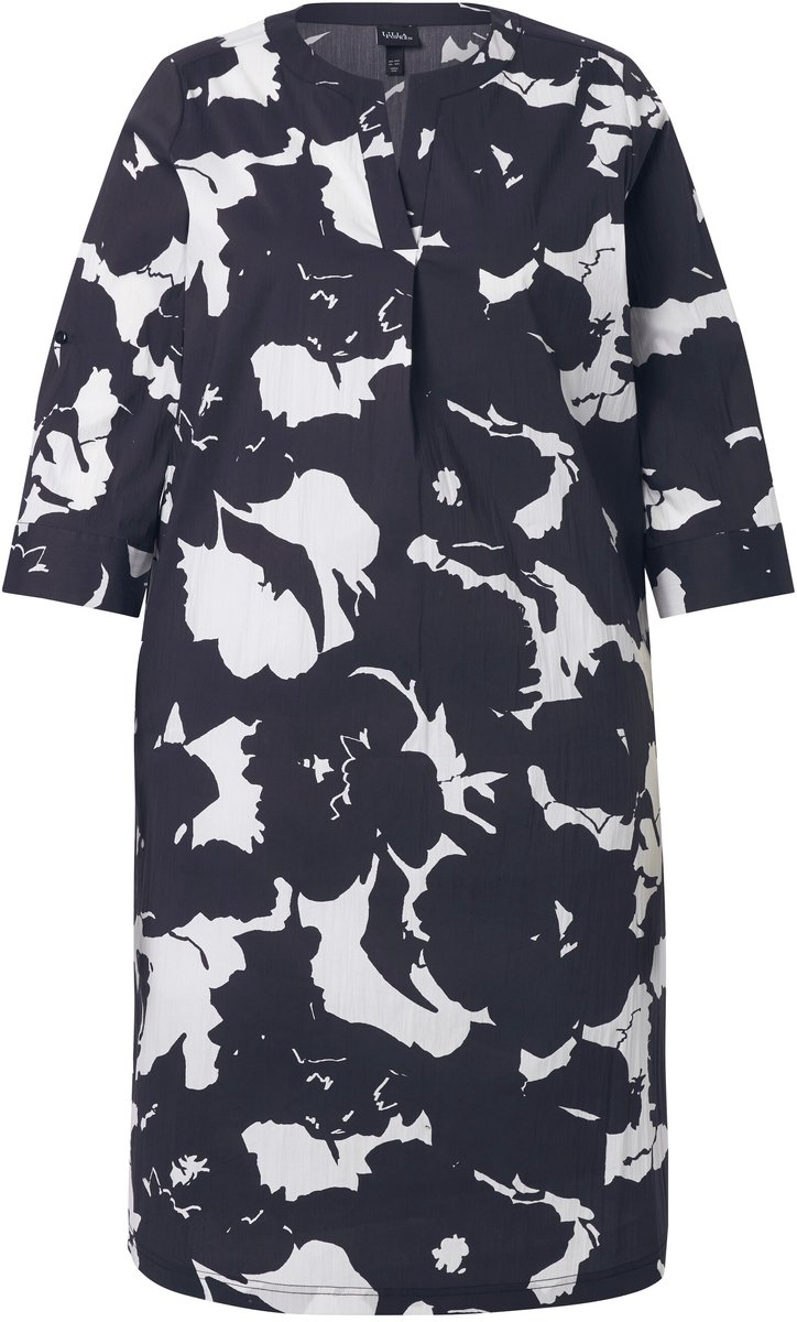 Ulla Popken Dames - Tuniekjurk bloemen tuniekhals 3/4-mouwen - Zwart - Maat 62+
