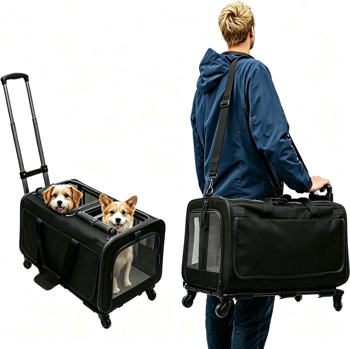 Huisdier transportbox - Reis bench - Veilig reizen - Met wielen - 61 x 38 x 42 cm - Zwart
