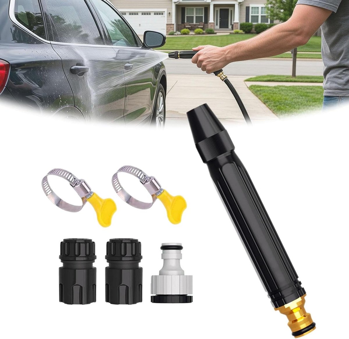 Hogedruk Sproeikop - Tuinslang Mondstuk - Auto Wassen - Verstelbare Straal - 30 cm - Zwart