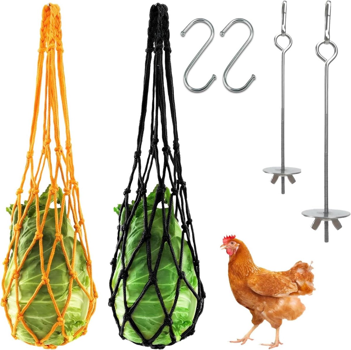 Kippen Voeder Set - Groente Spies - Pluimvee Voeren - Roestvrij Staal - 57 cm Lengte - Zwart Geel