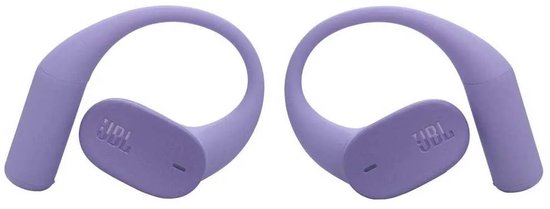 Paarse JBL Sense Lite oordopjes met oorhaken, zijkant gezien.