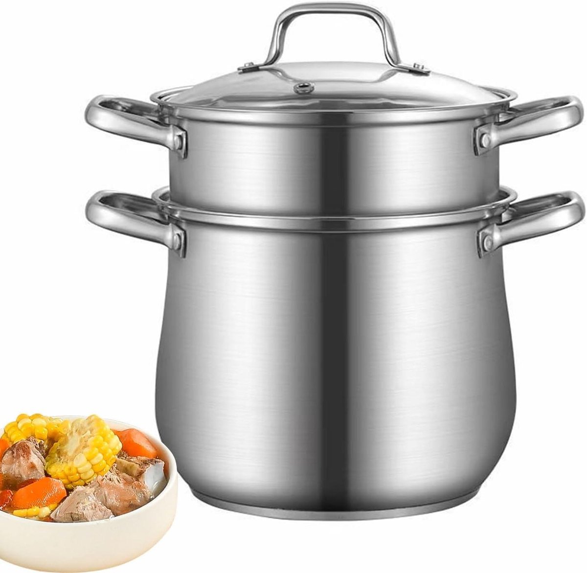 Soeppot Steamer - Stoompan Multifunctioneel - Gezond Koken - Stevig Handvat - 9.2 Liter - Zilver