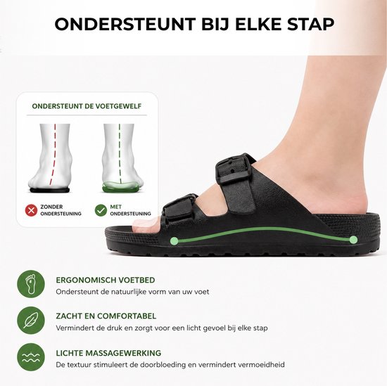 Zwarte slipper met dubbele gespen met een illustratie van voetondersteuning.