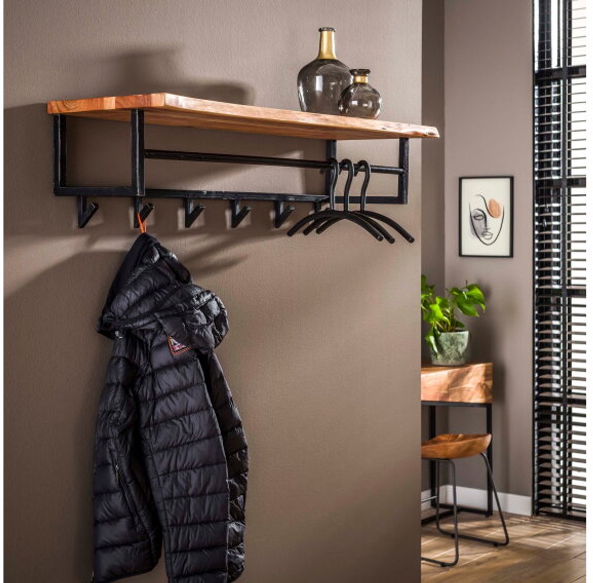 Meubelplaats Kapstok Timber 6 haken hoedenplank 100 cm massief acacia naturel