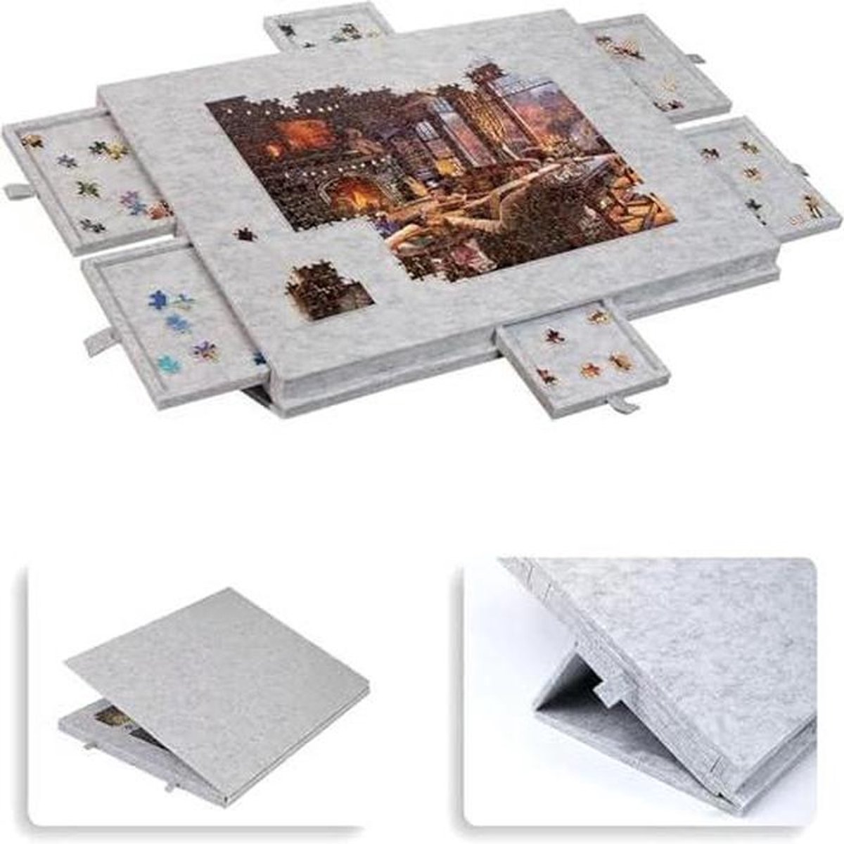 Puzzeltafel Opvouwbaar - Kantelbord Met Laden - Puzzels Sorteren - Anti-slip Vilt Oppervlak - 90x63cm - Lichtgrijs