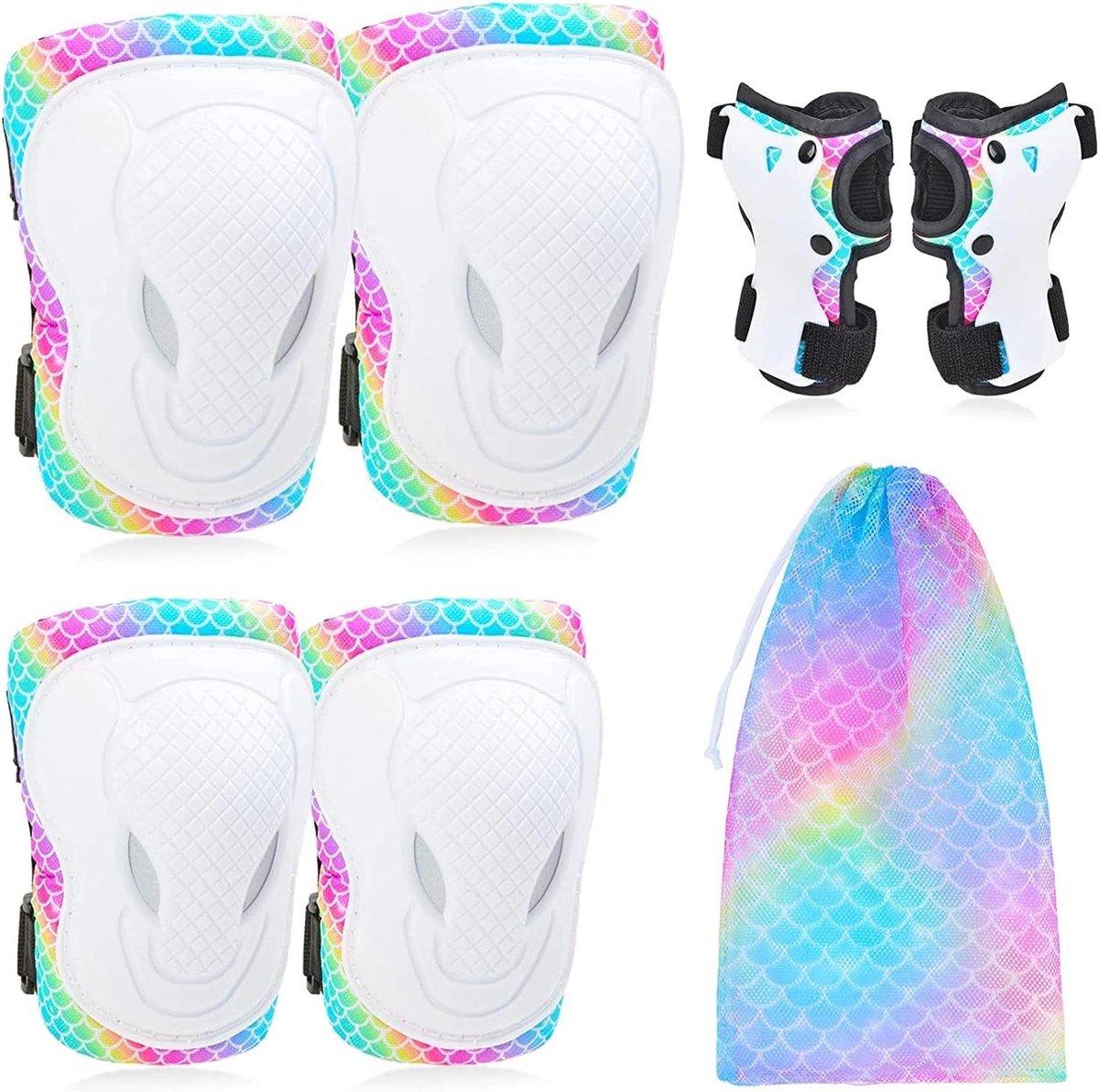 Beschermingsset Kinderen - Knie- en elleboogbeschermers - Actief Buitenspelen - 7-delige set met tas - Set van 7 - Regenboog Zeemeermin