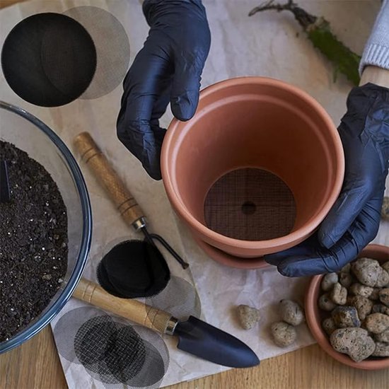 100 Stuks Bloempotrooster - Ronde Bloempotmat - Gaas Tuinmat - 10 Cm - Voorkom Bodemerosie - Drainage Rooster Planten - Drainageschermen - Plantenbak - Geschikt Voor De Meeste Bloempotten - Zwart — afbeelding 3