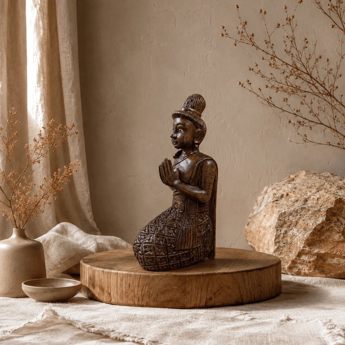 Handgemaak - Thaise vrouw beeld hout – Sawadee Lady - decoratief oosters beeld met gevouwen handen – woonaccessoire 36 cm