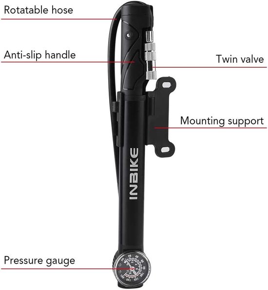Mini Fietspomp - Draagbare Pomp - Banden Oppompen - Met Manometer - 28 cm - Zilver — afbeelding 3
