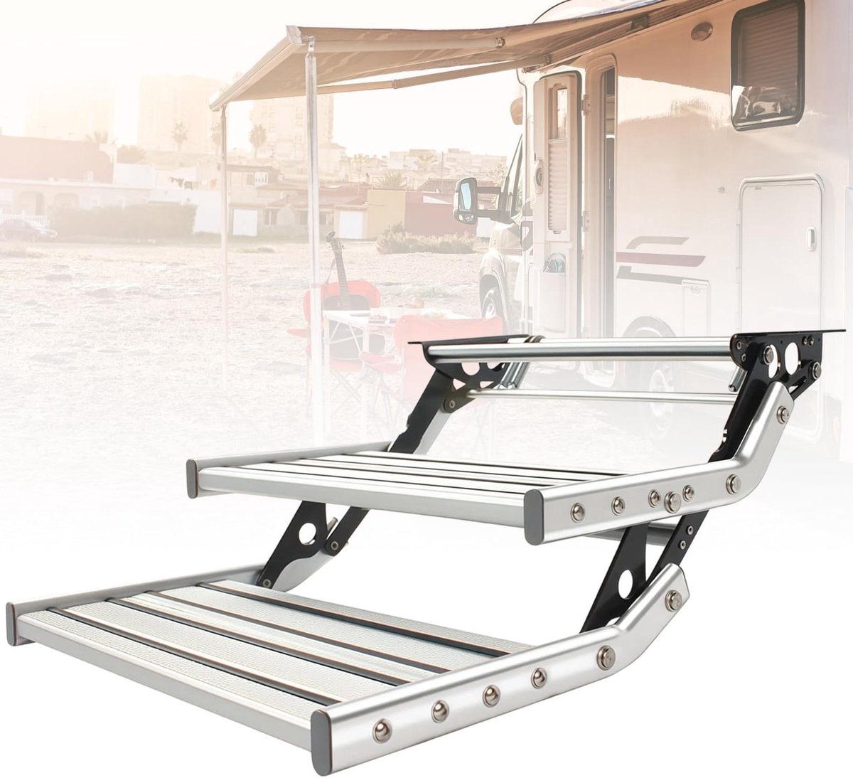 Camper Treden - Inklapbare Trede - Veilig Instappen - Geïntegreerde LED Verlichting - 3 Traps - Zilverkleurig
