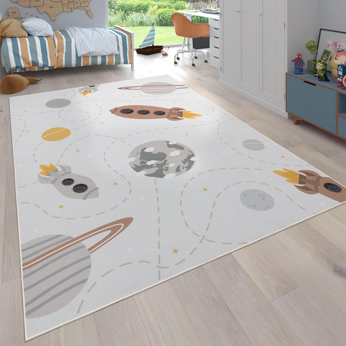 Paco Home Tapijt Voor Kinderen Vloerkleed Kinderkamer Antislip Sterren Planeet Raket Wasba