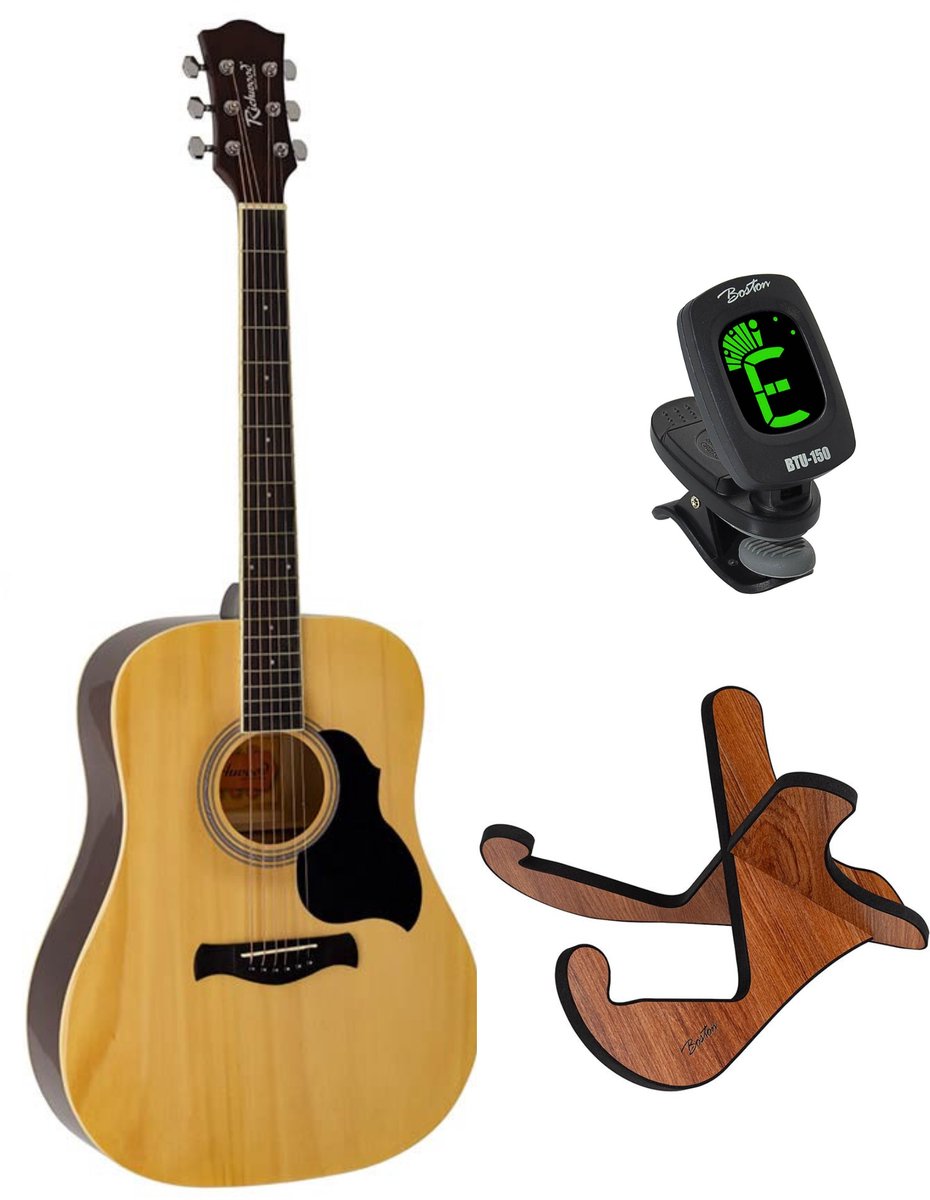 Richwood RD-12 akoestische gitaarset – dreadnought, naturel, met stemapparaat en standaard