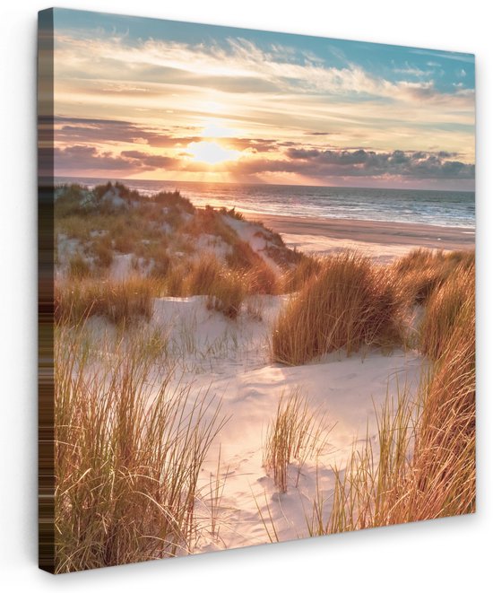Tuinschilderij voor buiten 70x70 cm - Tuindecoratie Duin - Planten - Zonsondergang - Strand - Zee - Tuinposter op canvas - Tuin muurdecoratie - Buitenschilderij decoratie - Schutting wanddecoratie - Buitencanvas