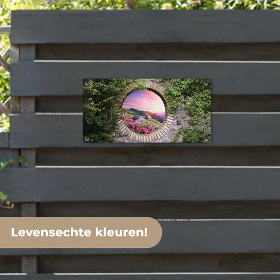 Affiche de jardin - Vue - Montagnes - Pierres - Coucher de soleil - Fleurs - 60x30 cm - Décoration de clôture - Peinture de jardin - Toile de jardin