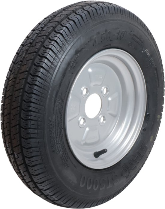 Roue complète 10 pouces - Pneu 4.50-10 + jante - Pas Opel: 4x100 - 400 kg - 6PR - Diamètre moyeu 60 mm