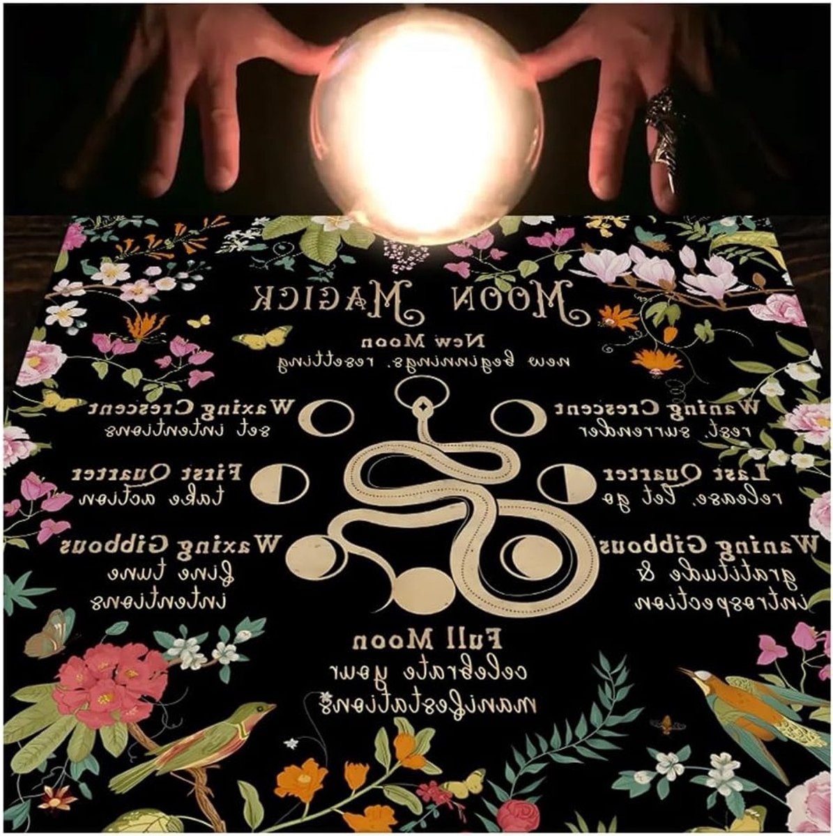 Spirituele Altar Tafelkleed met Maanfasen en Bloemen - Tarot Tafelkleed voor Wicca, Astrologie en Ceremonies - Vierkant Tapestry 75 x 75 cm