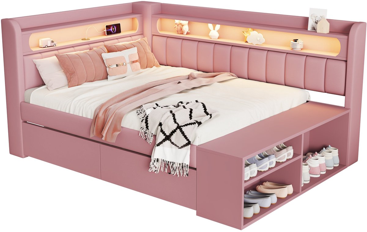 Merax Slaapbank 90x200 - Bed met Opbergruimte - USB - LED Verlichting met Afstandsbediening - Schoenenvak - 2 Lades - Roze