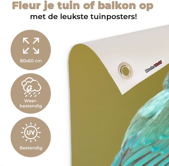 Tuinposter 80x60 cm - Tuindecoratie IJsvogel - Dieren - Vogel - Poster voor in de tuin - Buiten decoratie - Schutting tuinschilderij - Tuindoek muurdecoratie - Wanddecoratie balkondoek