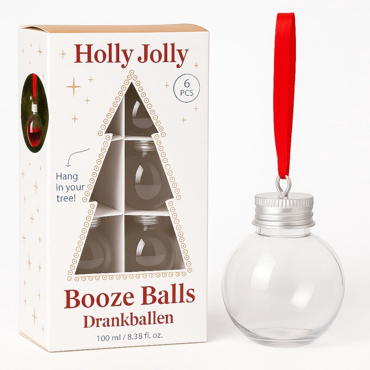 MIJOMA Fillable Drinking Balls - 6 Stuks Decoratieve Vulbare Kerstballen 100 ml met Rood Lint
