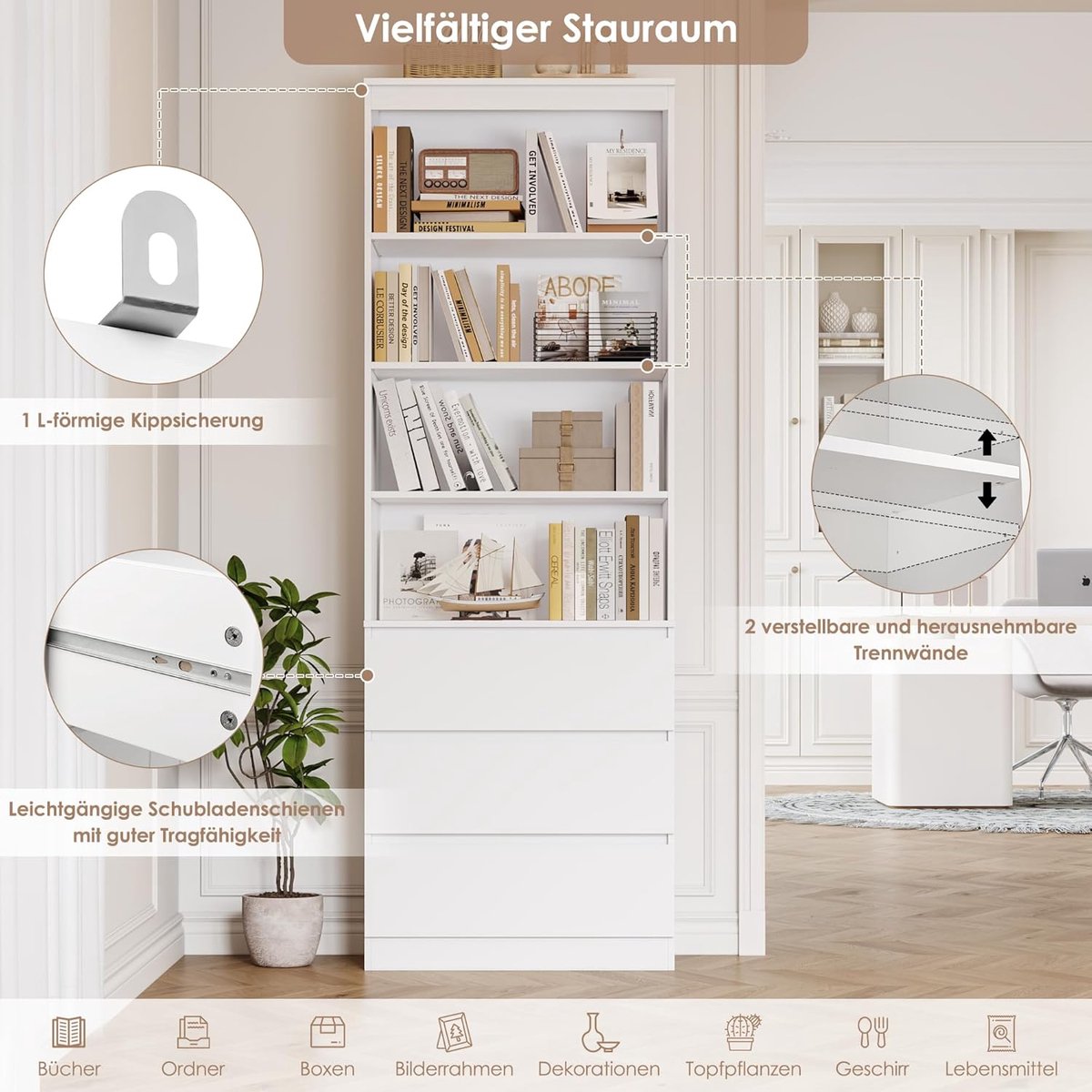 Boekenkast-Boekenkast 202 cm met 3 Lades en 4 Vakken – Verstelbare Planken Vitrinekast Opbergkast Hoog Smal – Woonkamer, Kantoor, Keuken Kast Wit – ABTKantoor