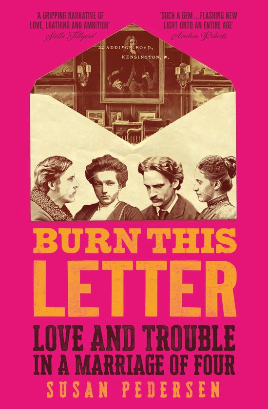 Boekomslag 'Burn This Letter' op felroze achtergrond met historisch portret van vier personen en een geopende brief.