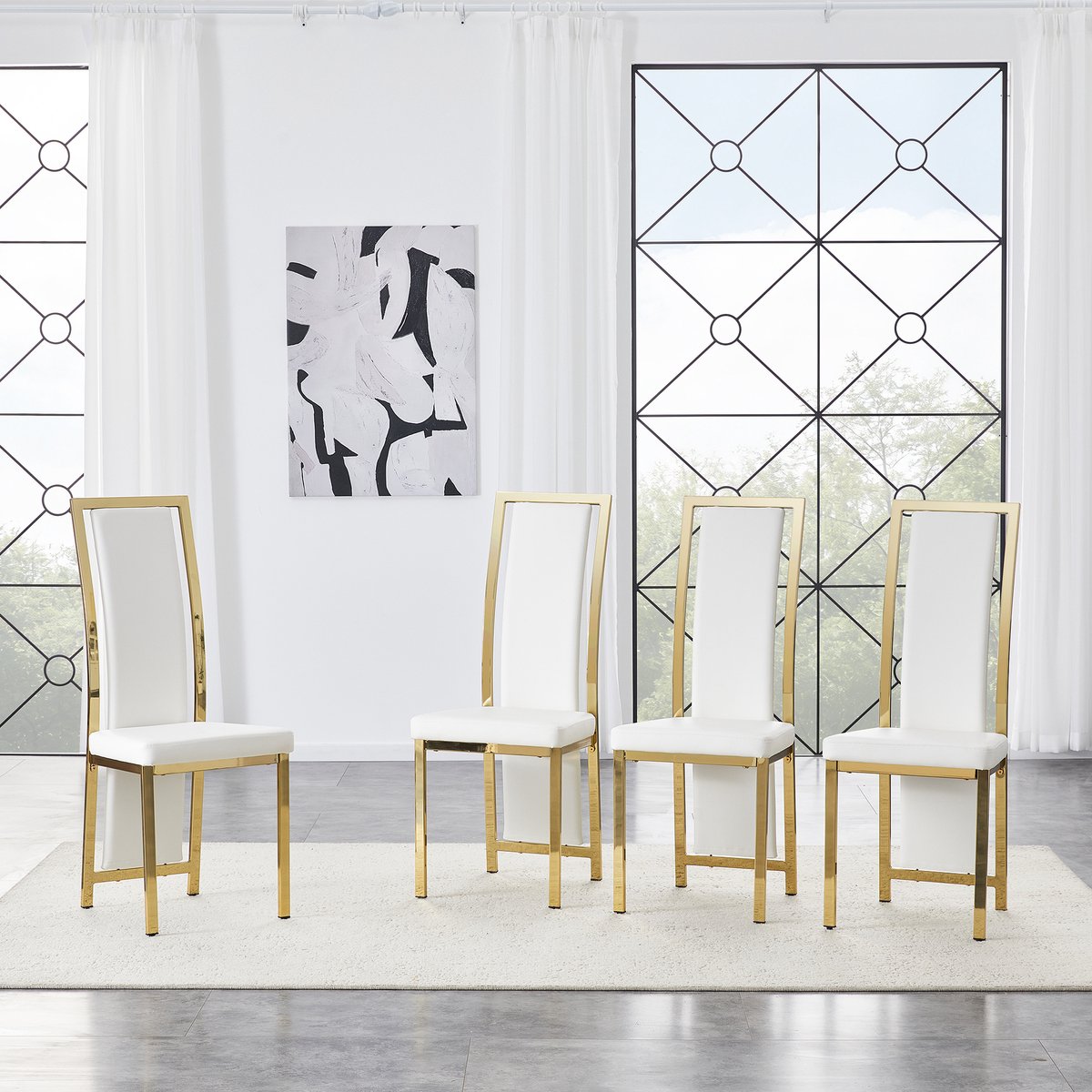 FloraGrace Eetkamerstoel Set Van 4 - 109 Cm Hoge Rugleuning Met Goudkleurig Frame - Voor Eetkamer Of Kantoor - PU-Leer - Wit