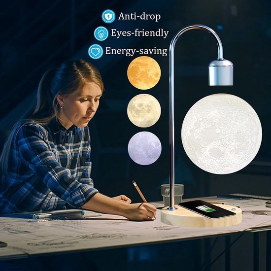 Zwevende Maanlamp - Magnetisch Nachtlampje - Decoratie Kamer - 3D Geprint - 14 cm Diameter - Zilver van Merkloos — afbeelding 4