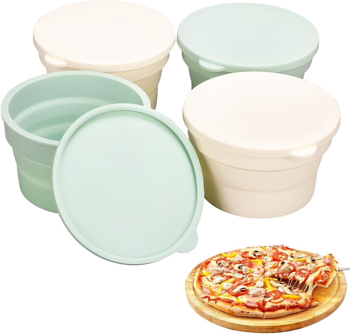 4 Stuks Vouwbare Siliconen Pizza Bakvormen, Stapelbare Voedselcontainers met Deksel, Afwasmachinebestendig, 13×13×8cm