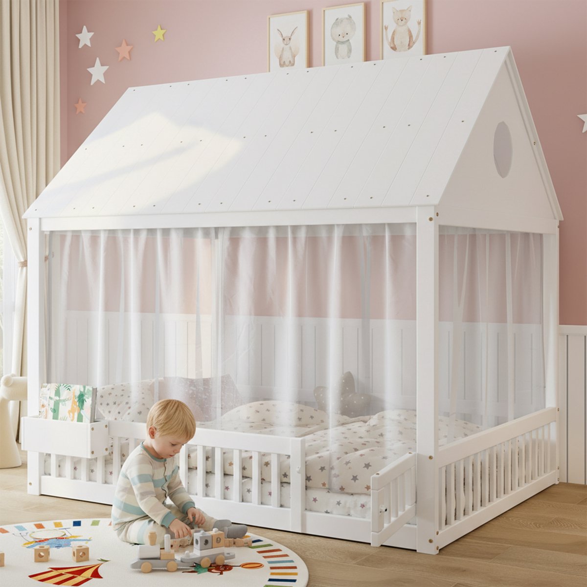MODFU Eenpersoonsbed – 140x200 cm – Kinderbed met Raam & Dak – Opbergvak – Massief Hout – Wit
