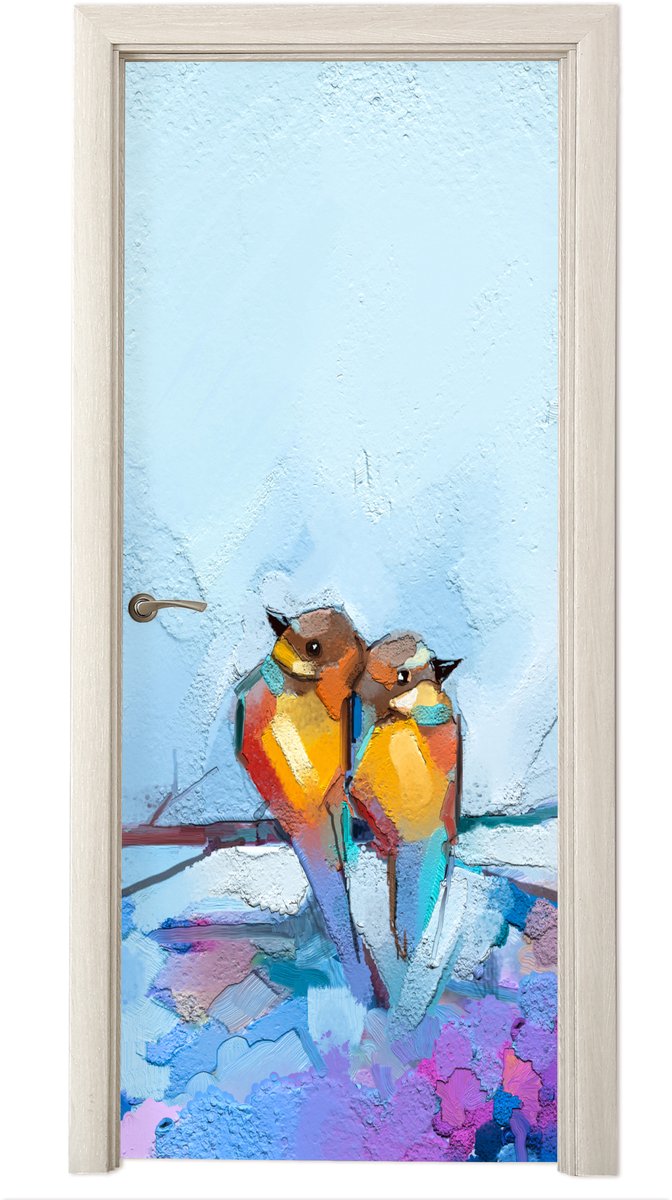 Deurposter 95x235 cm - Deursticker Schilderij - Olieverf - Vogel - Tak - Meubelfolie zelfk