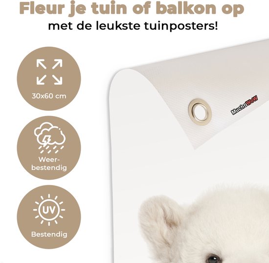 Tuinposter 30x60 cm - Tuindecoratie IJsbeer - Dieren - Kinderen - Wit - Jongens - Meisjes - Poster voor in de tuin - Buiten decoratie - Schutting tuinschilderij - Tuindoek muurdecoratie - Wanddecoratie balkondoek