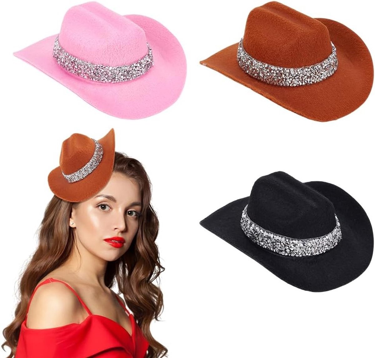 3 Stuks Cowboy Hoed Haarclip, Mini Western Hoeden met Pailletten, Decoratieve Accessoires voor Feestjes, Disco en Themafeest, 13.7 x 16 x 6 cm