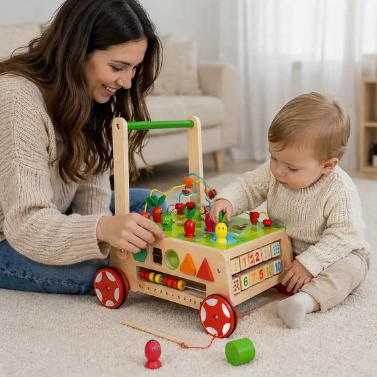 Houten Loopwagen Baby met Activiteitenkubus - Montessori Loopstoel & Educatief Speelgoed van Houten — afbeelding 3