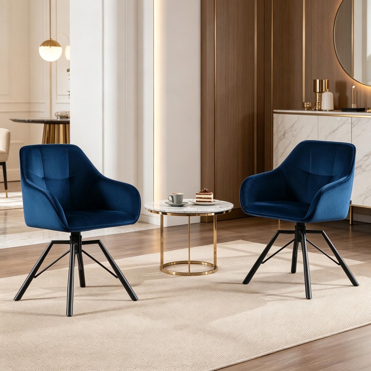 MODFU Eetkamerstoel - Draaibaar Met Armleuningen En Rugleuning - Modern - Voor Eethoek - Metaal En Fluweel - Blauw