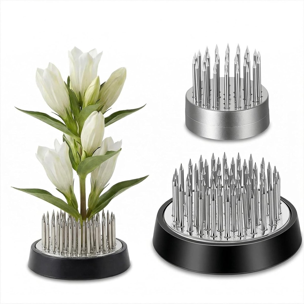 Elegante bloemenkikker voor bloemstukken en vazen, roestvrijstalen steelhouder met rubberen voet, perfect voor creatieve decoratie en bloemschikken, set van 2 stuks