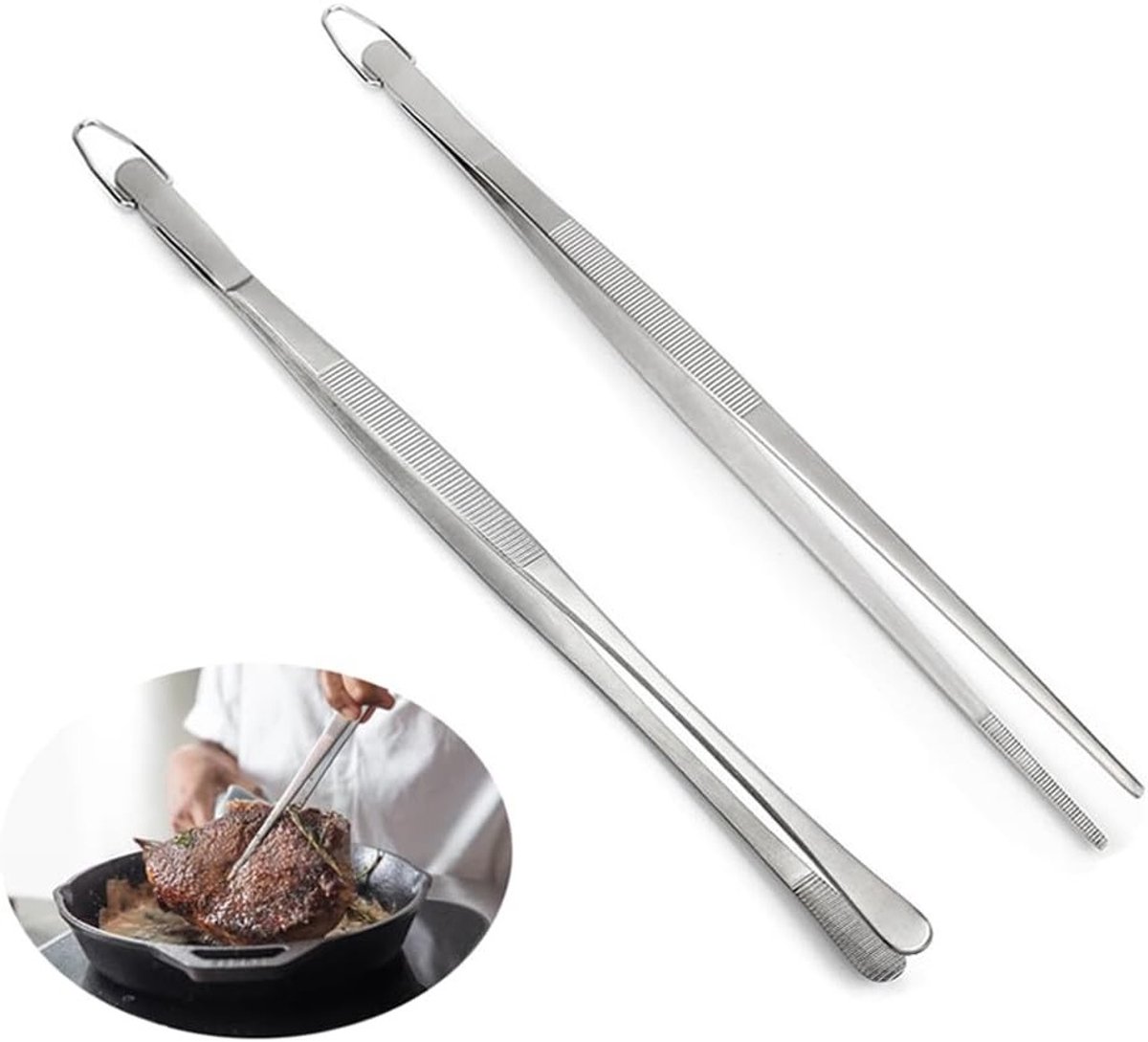 Set van 2 lange roestvrijstalen keukentangen van 30 cm, ideaal voor koken, bakken en barbecueën