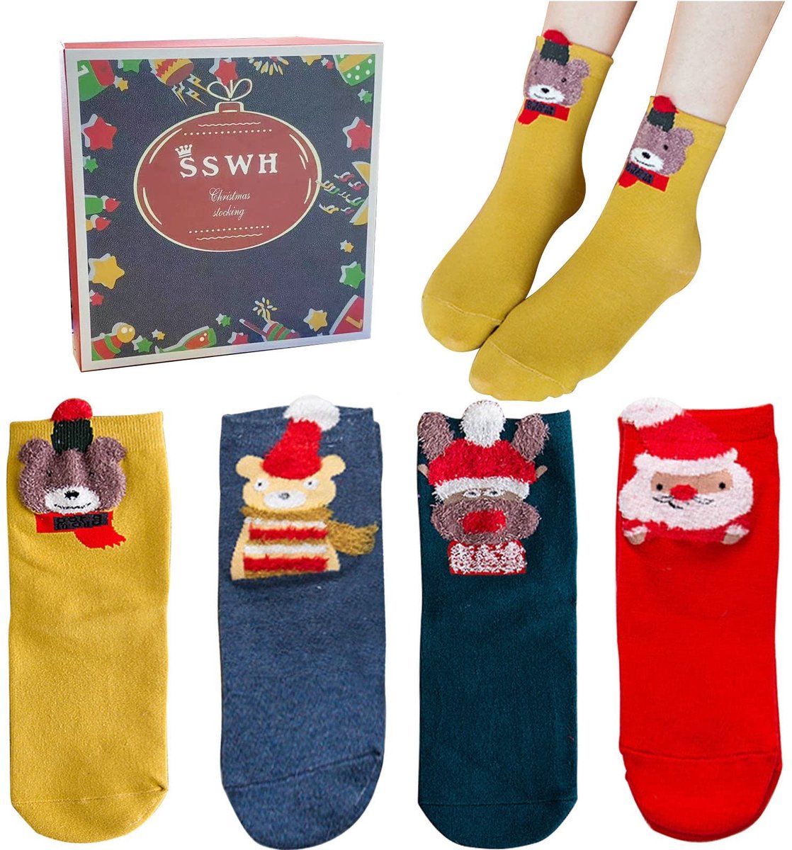 Dailygoods- Kerstsokken 4 Paar - Warme Katoenen Sokken - Dierenpatroon/Cartoon - Cadeau voor Dames - Comfortabel en Stijlvol - Perfect voor Kerst en Dagelijks Gebruik