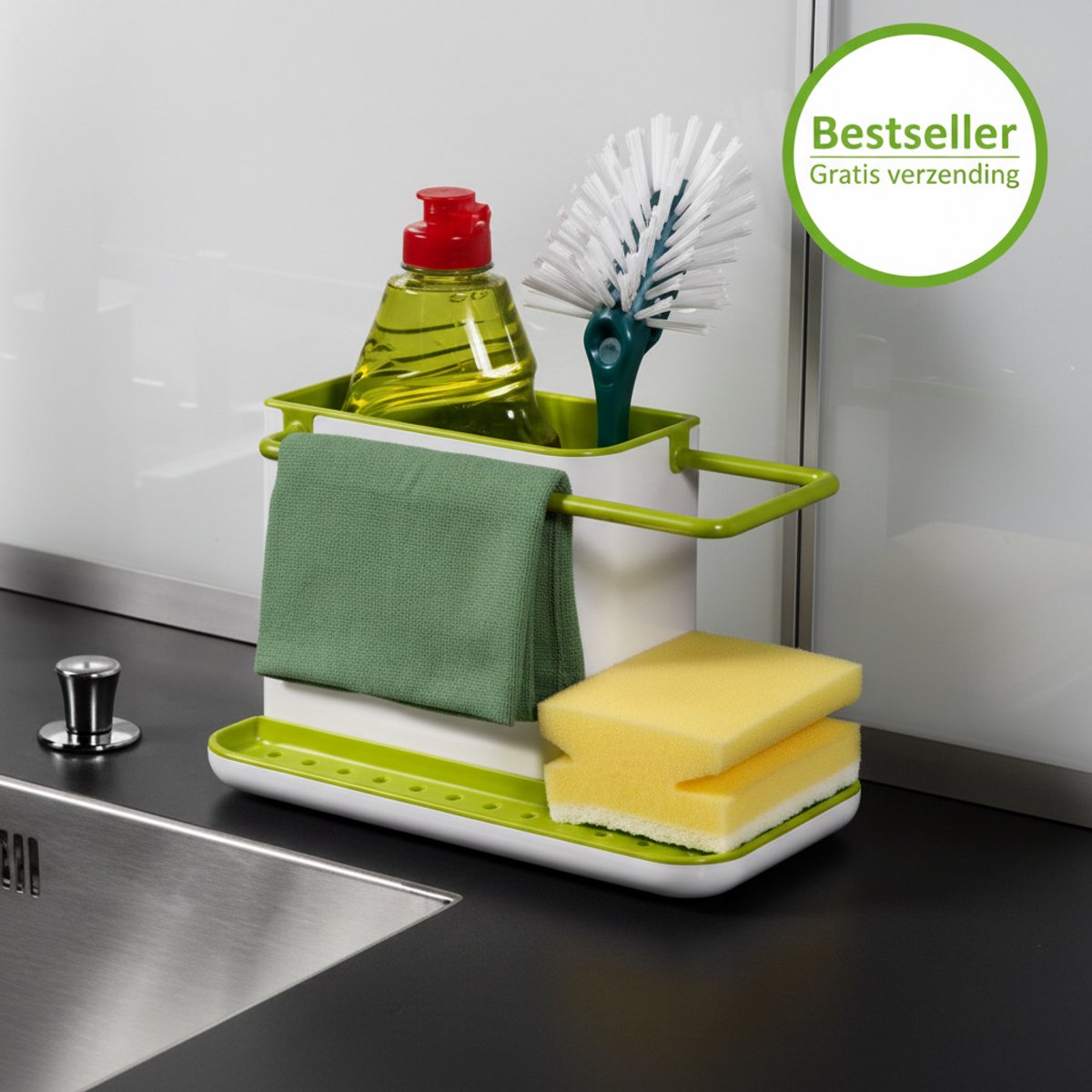 Vaatdoekhouder Keuken – Zonder Boren – Vaatdoek Rekje + Spons- & Borstelhouder – Ruimtebesparend & Hygiënisch Accessoire