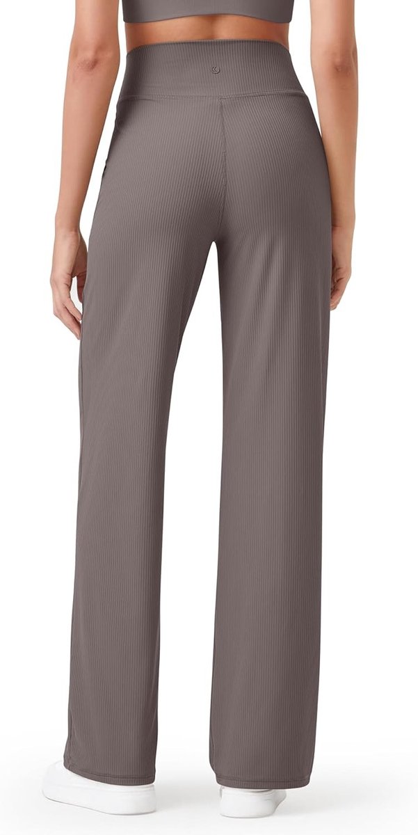 Dames Yoga Broek met Zakken Hoge Taille Ribbels Brede Pijpen Lichtgewicht Casual Sportbroek voor Petite, Normale en Lange Maten, Taupe — afbeelding 3