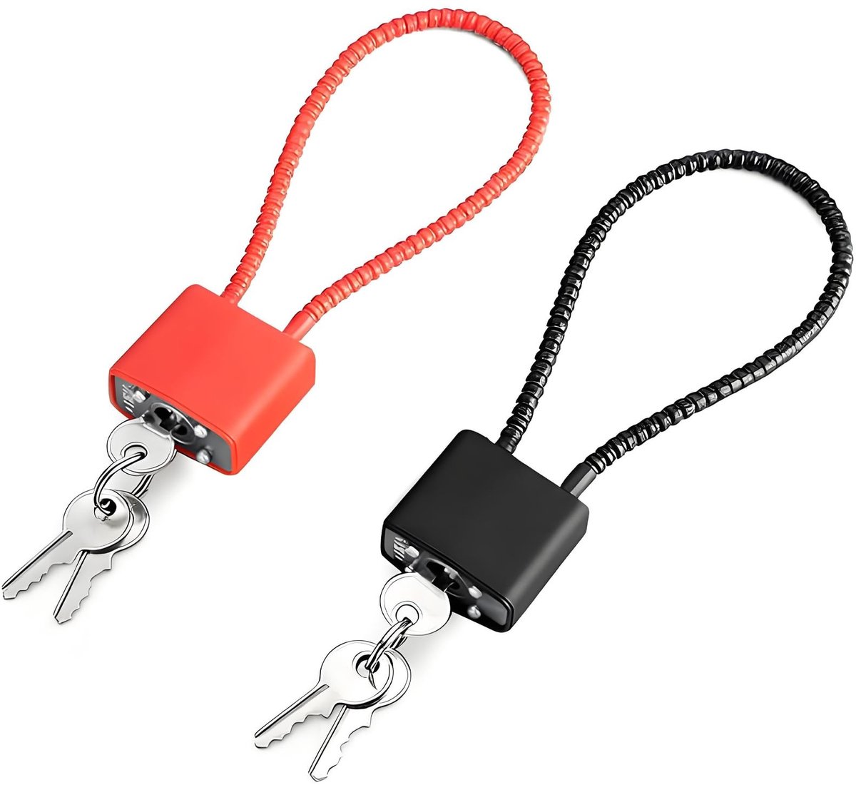 Dailygoods- Kabelslot met sleutel - Hangslot lange beugel - Fietsslot - Kofferslot - Poortsleutel - 2 stuks (zwart + rood)