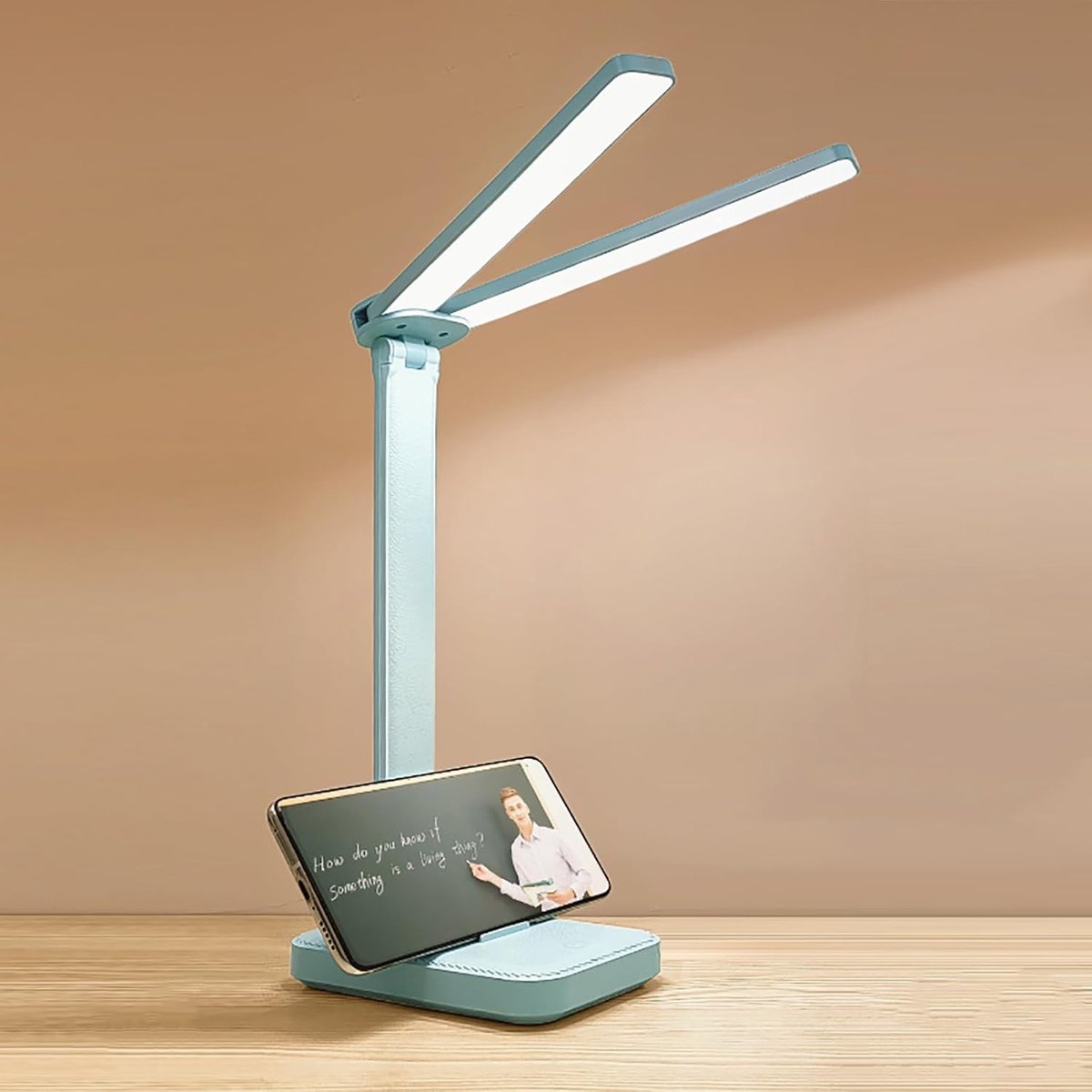 ZVD Led-bureau-lamp met dubbele kop – Oplaadbaar en draagbaar – Instelbare lichtkleur en helderheid – Werkt op USB – Geschikt voor werk, lezen en noodverlichting – Blauw