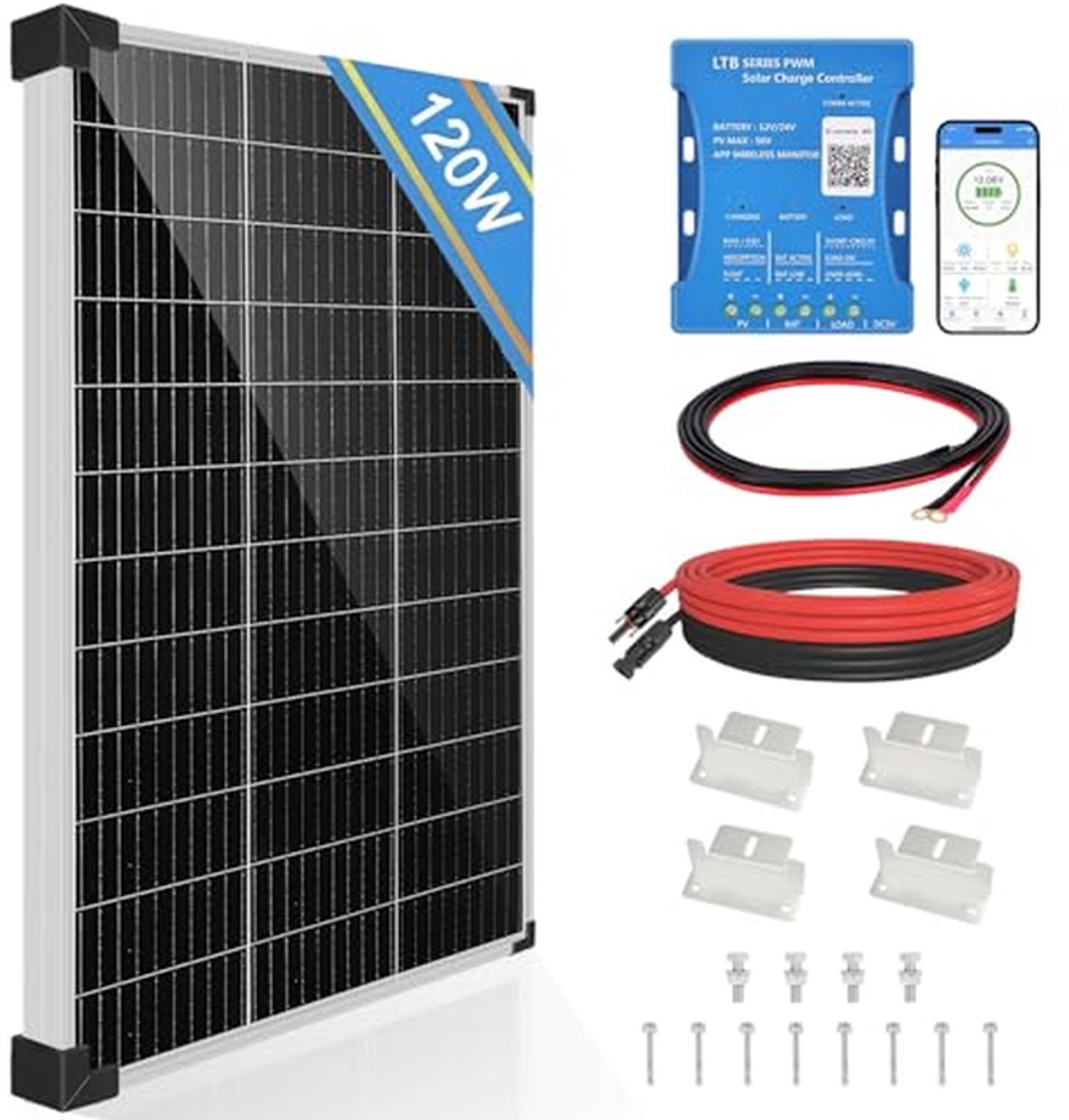 Zonnepaneel Kit - Energie Set - Off-Grid Stroom - Met Bluetooth Controller - 120 Watt - Zwart