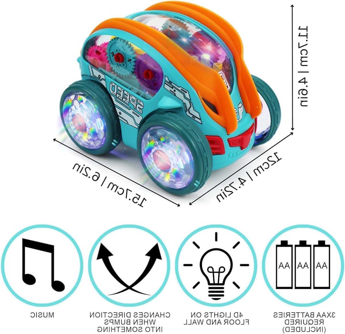 Dynamische LED Tandwielen Auto voor Kinderen van 2 tot 8 Jaar met Flitsende Lichten en Muziek, Perfecte Cadeau voor Jongens