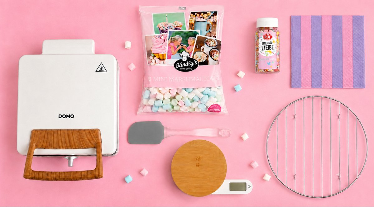 DOMO Wafelgeluk Cadeaupakket – DO9274W Wafelijzer Powder White met Weegschaal, Marshmallows & Wafelaccessoires