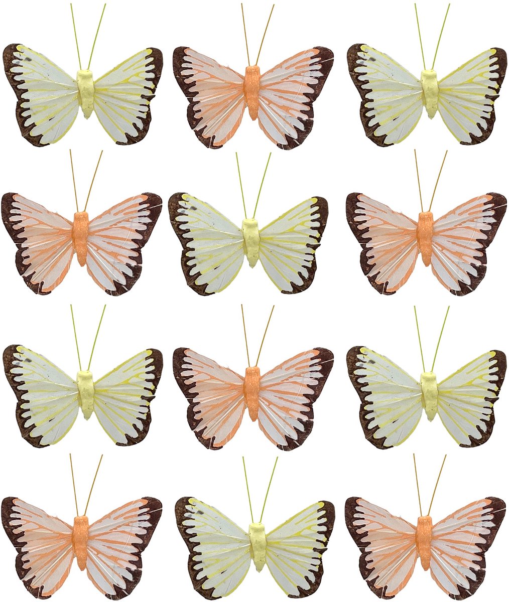 Dailygoods- Decoratieve Vlinders - Handgemaakt van Veren/Tule - Metaaldraad voor Versiering - Glitter Accenten - Tafeldecoratie - 6 x 4 cm - Decoratievlinders